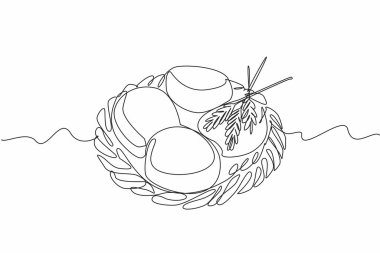 Tek sıra halinde, örülmüş bir tabağa 4 pc İngiliz çöreği çiziyor. Lüks zevkli basit bir sunum. Lezzetli. Ulusal İngiliz Kek Günü. Devamlı çizgi tasarımı grafik çizimi