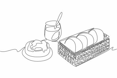 Tek sıra halinde dokuma kutusuna 3 pc İngiliz keki çiziyor. Tatlı ve doyurucu bir atıştırmalığın tadını çıkar. Estetik sunum. Ulusal İngiliz Kek Günü. Bir çizgi tasarımı vektör illüstrasyonu