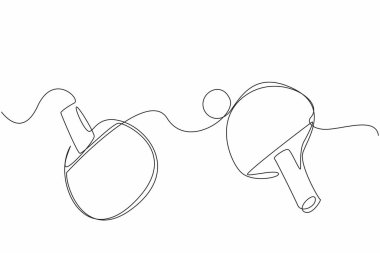 Tek sıra halinde raket pinpon raketini topa doğru çekin. Kışın kapalı alanda spor yapmak. Sağlıklı bir yaşam tarzıyla sağlıklı kal. Dünya Masa Tenisi Günü. Bir çizgi tasarımı vektör illüstrasyonu