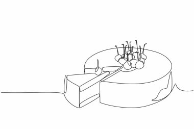 Tek sıra halinde nefis bir vişneli kek dilimi. Kutlama için servis edildi. Birlikte pastanın tadını çıkarın. Ulusal Kirazlı Peynirli Kek Günü. Bir çizgi tasarımı vektör illüstrasyonu