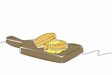 Kesme tahtasına istiflenmiş iki İngiliz keki çizmeye devam et. Fırından yeni çıktı. Ev yapımı tatmak. Lezzetli. Ulusal İngiliz Kek Günü. Tek çizgi çizimi tasarım vektör çizimi