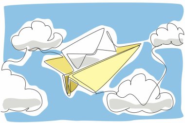 Zarf taşırken kağıt uçak çizen tek satır. Bir e-posta göndermenin görselleştirilmesi. Mektup göndermekten daha hızlı. Ulusal E- posta Günü. Devamlı çizgi tasarımı grafik çizimi