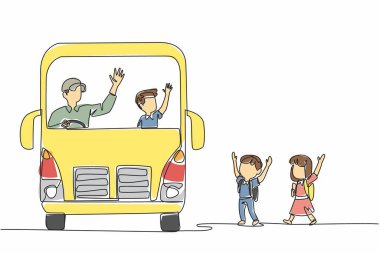 Tek sıra halinde iki erkek ve kadın öğrenci okul otobüsüne doğru yürüyor. Hoş geldin. Misafirperverlik. Okul Otobüs Şoförü Takdir Günü. Devamlı çizgi tasarımı grafik çizimi