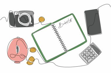 Üzerinde Bucket List yazan açık bir defter çizmeye devam et. Tatile çıkmanın gereksinimlerini hesaplıyorum. Ulusal Kova Listesi Günü. Tek çizgi çizimi tasarım vektör çizimi
