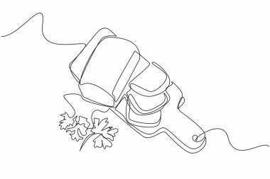 Kesme tahtasında üç parçaya bölünmüş kabak ekmeği çizmeye devam ediyor. Hafta sonu için sağlıklı atıştırmalıklar. Ulusal Kabak Ekmek Günü. Tek çizgi çizimi tasarım vektör çizimi