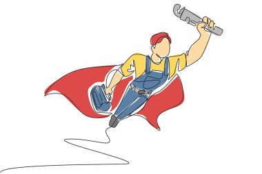 Tek sıra halinde, erkek tesisatçı elinde ekipmanla uçuyor. Her zaman hazır olan süper kahraman. Uzman. Profesyoneller. Ulusal Tesisatçı Günü. Devamlı çizgi tasarımı grafik çizimi