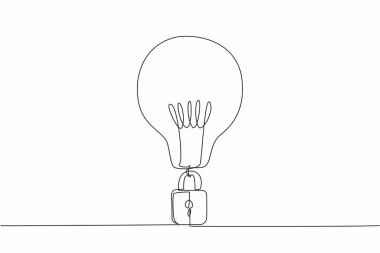 Tek sıra halinde, altında asma kilit olan bir ampul çiziyor. Yasalar tarafından korunmak için parlak fikirleri kaydet. Dünya Fikir Eserleri Günü. Bir çizgi tasarımı vektör illüstrasyonu