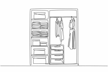 Kıyafet ve kutu yığınları içeren gardırop çizmeye devam et. Odanın köşesinde dolaba gir. Organize Günü yakala. Tek çizgi çizimi tasarım vektör çizimi