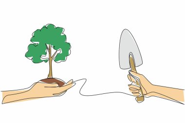 Tek sıra halinde, toprak ve kürekle el ele tutuşan bir ağaç. Yoğun ağaçlar dikmek dünya için çok iyidir. Kirliliği azaltmak için. Ulusal Ağaç Bayramı. Bir çizgi tasarımı vektör illüstrasyonu