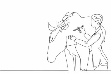 Bayan veteriner çizen tek sıra, bir atı boynuna enjekte ediyor. Hızlı bir iyileşme için multivitamin veriyorum. Ulusal Yardım Bir At Günü. Devamlı çizgi tasarımı grafik çizimi