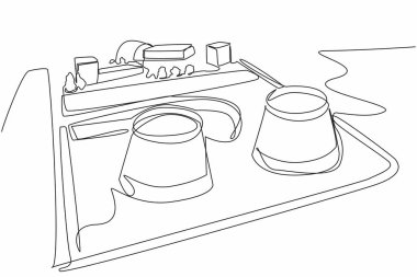 Tek sıra halinde Çernobil nükleer reaktörünün iki ana binasını çekiyor. Nükleer santral patlaması. Tehlikelidir. Uluslararası Çernobil Anma Günü. Bir çizgi tasarımı vektör illüstrasyonu