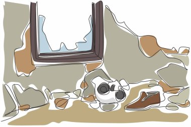 Kırık pencerenin yakınına kırık gaz maskesi çizmeye devam et. Tarihteki en kötü nükleer reaktör kazası. Uluslararası Çernobil Anma Günü. Tek çizgi çizimi tasarım vektör çizimi