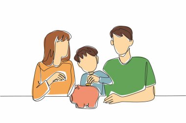 Devamlı çizen çocuk domuz kumbarasına bozuk para koyuyor. Tutumlu yaşamayı ve tasarruf yapmayı öğretir. Gelecek parlak. Ulusal Çocuklara Günü Kurtarmayı Öğret. Tek çizgi çizimi tasarım vektör çizimi