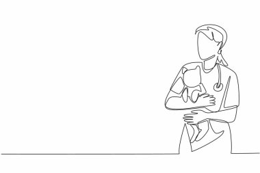 Tek sıra halinde, elinde kedi tutan kadın veteriner çiziyor. Harekete geçmeden önce sakinleşiyorum. Kendi isteğinle yap. Profesyonel olan. Dünya Veterinerler Günü. Bir çizgi tasarımı vektör illüstrasyonu