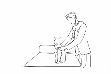 Bir çizgi, tedavi yatağında oturan bir kedinin göğsünü inceleyen erkek veteriner çiziyor. Başka kontroller yapılıyor. İş. Dünya Veterinerler Günü. Devamlı çizgi tasarımı grafik çizimi