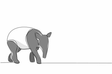 Devamlı tapir pozu çiziyor. İnsan açgözlülüğü yüzünden yasadışı avlanma deneyimi yaşayan hayvanlardan biri. Burun. Tapirus indicius. Dünya Tapir Günü. Tek çizgi çizimi tasarım vektör çizimi