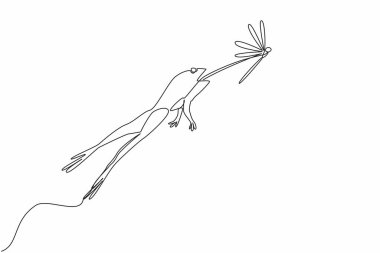 Yusufçuk avlamak için dilini uzatarak atlayan bir kurbağa çizgisi. Doğal tepki. Acıktım. Yemek almaya teşebbüs. Kurbağaları Kurtarma Günü. Tek çizgi çizimi tasarım vektör çizimi