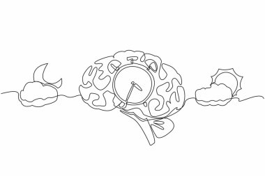 Beynin ortasında, bulutlu güneş ve bulutlu hilal şeklinde bir ay ile alarmlı saat çizen tek satır. Doğal biyolojik ritimler. Biyolojik Saat Günü. Devamlı çizgi tasarımı grafik çizimi