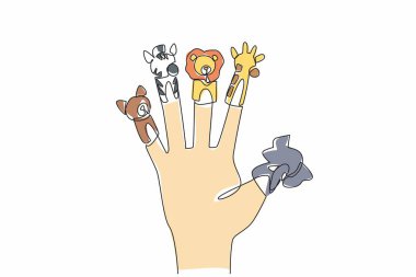 Tüm parmaklarına parmak kuklası çizen tek bir çizgi. Fil, aslan, zürafa, zebra ve misk arasında arkadaşlık. Harika performans. Ulusal Kuklacılık Günü. Devamlı çizgi tasarımı grafik çizimi