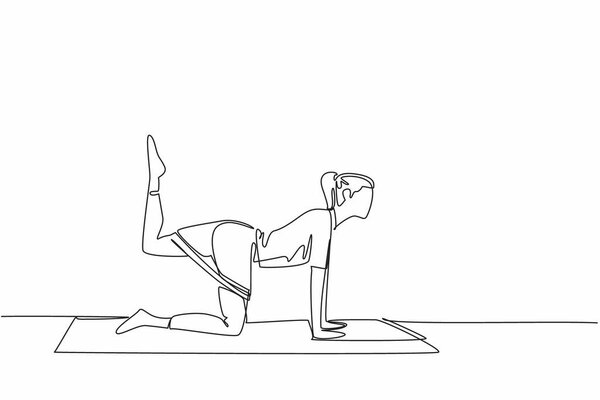 Single one line drawing woman exercising on a training mat doing movements with elastic strap. An exercise that has many benefits. Love Your Thighs Day. Continuous line design graphic illustration