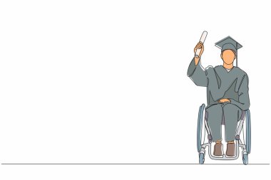 Tek sıra halinde kapsayıcı ekonomik eğitim. Tekerlekli sandalyedeki engelli öğrenci mezuniyeti okul ve üniversite programından öğrenildi. Devamlı çizgi tasarımı grafik vektör illüstrasyonu