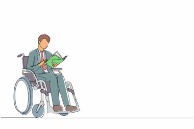 Aralıksız çizilen olumlu öğrenci çizimleri tekerlekli sandalyede otururken kitap okuyor. Üniversitede okuyan yaralı bir adam. Engellilerin rehabilitasyonu. Tek çizgi çizme tasarım vektörü