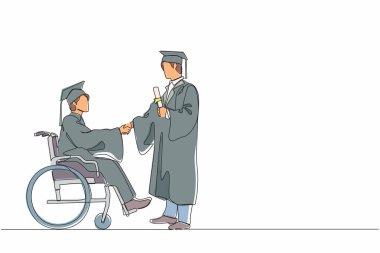 Tekerlekli sandalyedeki yüksek lisans öğrencisinin sürekli el sıkışması ve elinde diploma tutması. Tek çizgi çizimi tasarım vektörü grafik çizimi