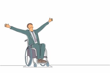 Tekli sandalyede oturan işadamını tek sıra halinde çekmek, mutlulukta el kaldırmak, rehabilitasyon kavramı. Mutlu insan sevinçten ellerini kaldırıyor. Bir çizgi çizimi grafik tasarım vektörü