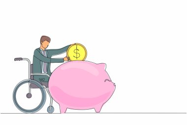 Bozuk para biriktirmek için tek sıra halinde engelli bir işadamını çekiyor. Tekerlekli sandalyede elinde domuz kumbarası olan ve parayı düşünen biri. Engelli, finans konsepti. Bir çizgi çizme tasarım vektörü