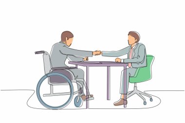 Tekli sıra halinde, tekerlekli sandalyedeki engelli adamla röportaj yapmak için iki adam ofiste buluşuyor. Karşısında oturan patron iş bulduğu için tebrik etmek için el sıkışıyor. Bir çizgi grafik tasarım vektörü