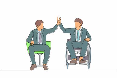 Tekerlekli sandalye kullanan engelli işadamlarının finans ve yatırım danışmanlığında iş adamlarına beşlik çakması. Tek çizgi çizimi tasarım vektörü grafiği