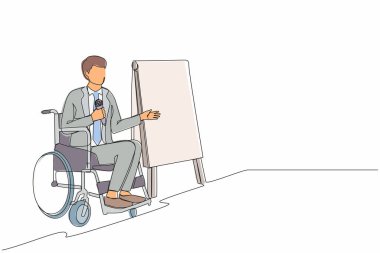 Bir satırda mikrofon kullanarak tekerlekli sandalyedeki genç işadamını çizmek. Haftalık ofis raporları toplantısında bilgi grafiklerinin sunumu. Modern sürekli çizgi çizim grafik vektörü