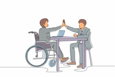 Devamlı bir sıra, engelli işadamını ofisteki ortağına beşlik çakarken çekiyor. Ofis çalışanı tekerlekli sandalyede keyifle oturuyor. Meslektaşlar başarıyı kutluyor. Tek çizgi grafik tasarım vektörü
