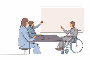 Meslektaşlarına sunum yapan engelli bir adamın sürekli çizdiği tek çizgi. İş adamı, iş stratejisi sunan tekerlekli sandalyedeki engelli yöneticiyi dinliyor. Bir çizgi grafik tasarım vektörü
