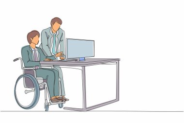 Tekli sıra, tekerlekli sandalyedeki engelli işadamını ofis arkadaşı ile çalışmaya çekiyor. İnsanlar iş grafiğini bilgisayarda tartışıyor. Bir çizgi çizimi grafik tasarım vektör çizimi