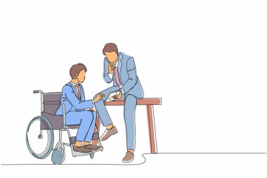 Tekerlekli sandalyede oturan işadamının sürekli çizdiği tek çizgi işletme grafiğini müdüre sunuyor. Modern ofisteki çeşitli iş arkadaşları. Bir çizgi çizimi tasarım vektörü illüstrasyonu