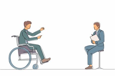 Özürlü insanlar için kesintisiz bir iş görüşmesi. Tekerlekli sandalyede oturan engelli bir adam, erkek işverenle sözleşmeyi kabul ediyor. İş görüşmeleri. Tek çizgi çizme tasarım vektörü