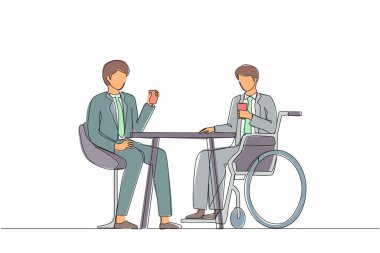 Erkeklerin birlikte zaman geçirdiği tek çizgi. İki iş adamı iş toplantısında konuşur. Meslektaşlar kahve molası verir. Engelli erkek arkadaşıyla kahve içiyor. Devamlı çizgi tasarım vektörü