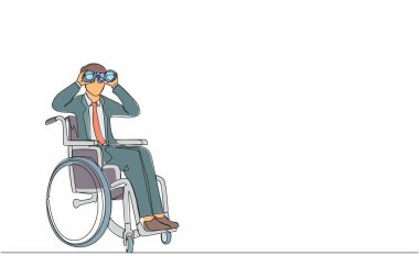 Tekerlekli sandalyedeki başarılı iş adamını yeni fikirler, çözümler ve kararlar için dürbünlü bakışlarıyla sürekli çeken bir çizgi. Fırsat kavramını keşfet. Tek çizgi çizimi tasarım vektörü grafiği