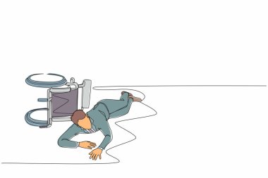 Tekli sıra halinde iş adamı yerde otururken tekerlekli sandalyeden düştü. Engelli hasta kaza geçirdi ve hastane odasında sürünerek yardım istedi. Bir çizgi çizimi grafik tasarım vektörü