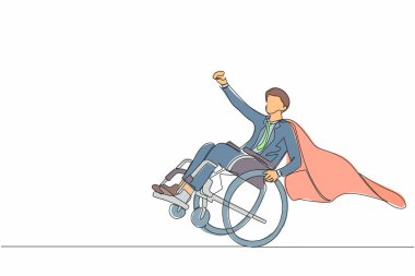 Tek sıra halinde, pelerin giymiş mutlu, engelli iş adamını çekiyor süper kahraman gibi davranıp, ellerini kaldırıyor. Hayatın zorluklarına rağmen mutlu ve güçlü ol. Bir çizgi çizimi grafik tasarım vektörü