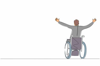 Tek sıra, tekerlekli sandalyede oturan, mutluluk içinde kollarını kaldıran iş adamı, rehabilitasyon kavramı. Mutlu insan sevinçten ellerini kaldırıyor. Devamlı çizgi çizim tasarım vektörü