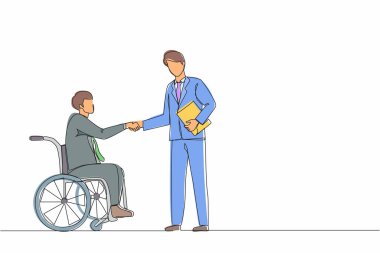 Tekli sandalyede iş ortağı veya patronuyla tokalaşan engelli işadamını çeken tek sıra. İş arkadaşı ile yaralı yönetici diyaloğu. Bir çizgi çizimi grafik tasarım vektörü.