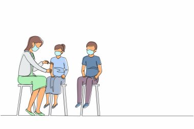 Klinikte, çocuklara koronavirüs aşısı yapan tek sıra doktor, küçük kız. Hastanedeki aşıyı yapan çocuk. COVID-19 'u önleme. Aralıksız çizgi çizimi tasarım grafik vektör çizimi