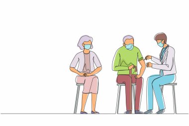 Corona, covid-19 'a karşı sürekli aşı çeken tek sıra, yüzü örtülü doktor ve şırıngayla aşılanmış yaşlı adam. Dokunulmazlık, bağışıklık, aşı. Bir çizgi çizimi tasarım vektörü illüstrasyonu