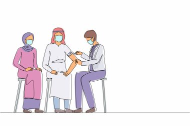 Tek çizgi çizen doktor hastaya antiviral iğne yapıyor. Doktor, Arap kol kaslarına koronavirüs aşısı enjekte etti. Koronavirüse karşı aşı. Devamlı çizgi tasarımı vektör çizimi