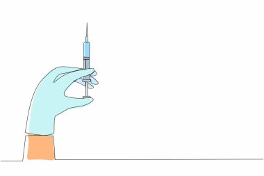 Devamlı bir çizgi, doktor elini çeken şırınga iğneyi yapmaya hazır. Aşı ve tıbbi enjeksiyon. Sağlık sigortası, tıbbi aşı konsepti. Tek çizgi çizimi tasarım vektörü grafik çizimi