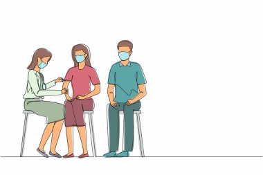 Klinikte maske takan kadın doktorların Coronavirus 'a karşı aşı yaptığı tek sıra. Dokunulmazlık, bağışıklık, kovan aşısı. Bir çizgi çizimi grafik tasarım vektör çizimi