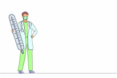 Yüzünde maske olan bir terapist çizmeye devam et. Hastanede termometre taşı. Steteskoplu erkek hemşire ya da doktor. Tek çizgi çizimi tasarım vektörü grafiği