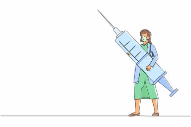 Tek sıra halinde elinde şırıngayla ilaç tutan kadın doktor. Tıbbi personel tek kullanımlık şırıngayla ayakta duruyor. Aşı konsepti. Aralıksız çizgi çizimi tasarım grafik vektör çizimi